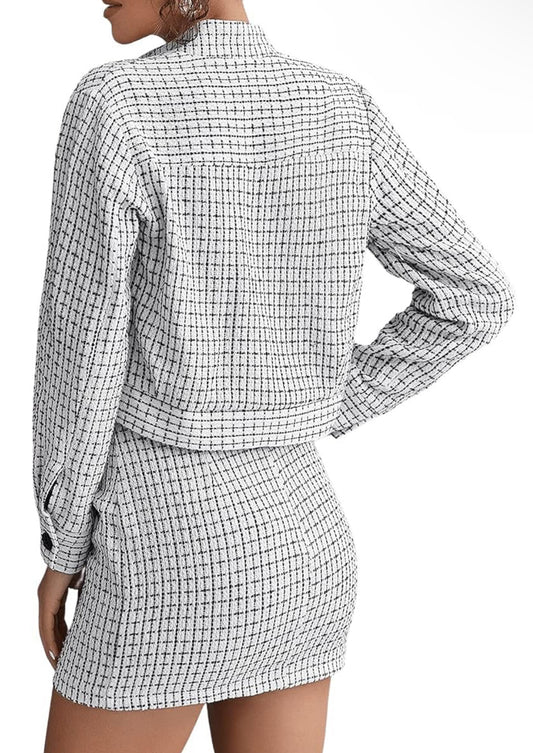 Grid Front Button Stand Collar Two-Pieces Skirt Set
