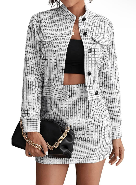 Grid Front Button Stand Collar Two-Pieces Skirt Set