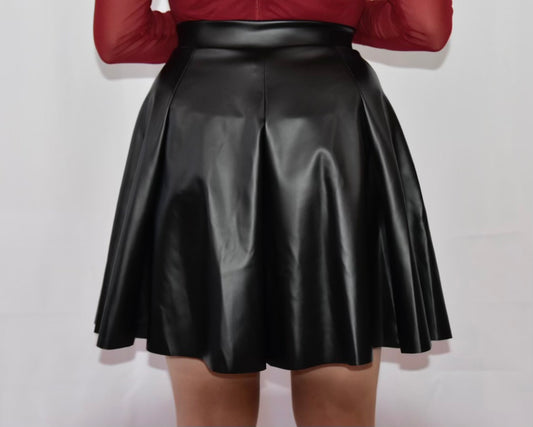 Cristal faux leather flare mini skirt.